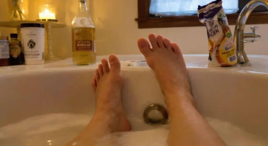 Pieds dans un bain moussant avec du bicarbonate et du vinaigre. Détente assurée pour un bain de pieds revitalisant.