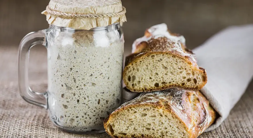 Ein Glas Sauerteig und zwei frisch gebackene Brotscheiben. So ist Sauerteig als Brot ein Genuss.