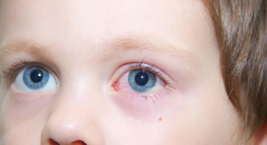 Occhio di bambino con congiuntivite, l'occhio rosso e irritato, con piccole vene visibili.