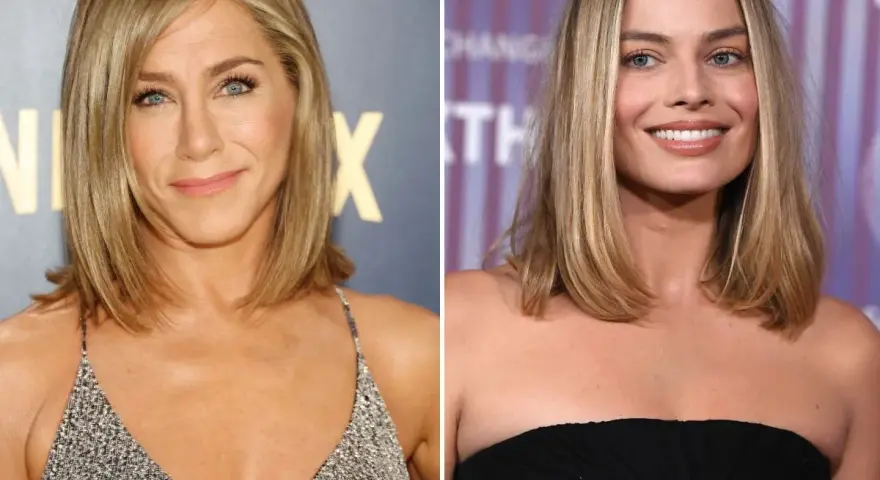 Jennifer Aniston i Margot Robbie prezentują stylowe fryzury damskie do ramion z grzywką, idealne na każdą okazję.