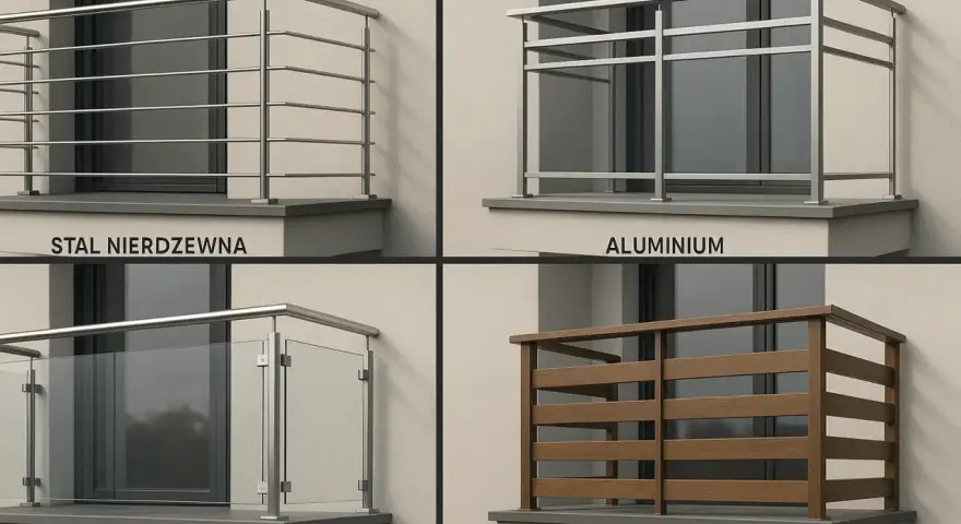 Czyszczenie balustrady metalowej ze stali nierdzewnej, aluminium i szkła hartowanego. Obok drewniana balustrada.