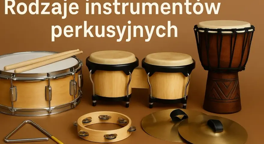 Różnorodne instrumenty perkusyjne: werbel, bongosy, djembe, trójkąt, tamburyn i talerze.