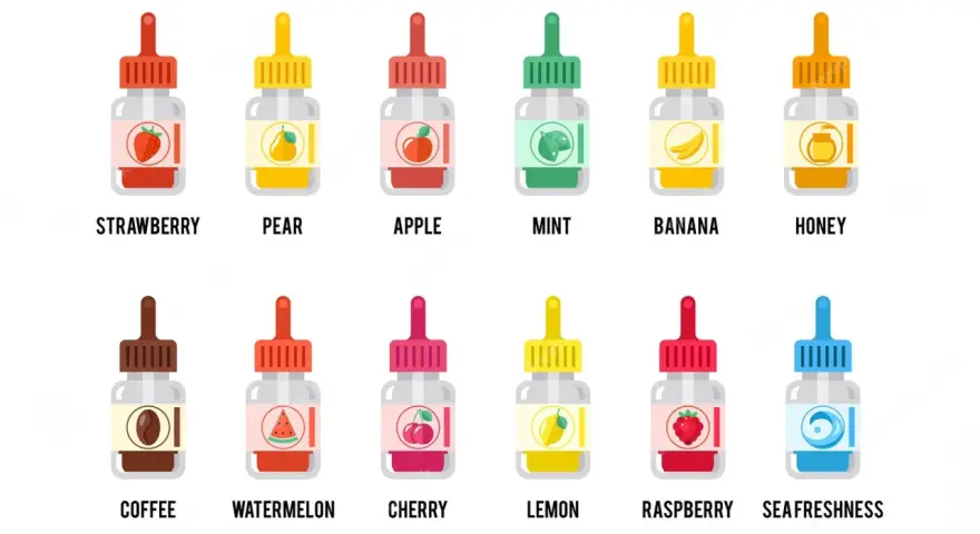 Botellas de líquidos para vapear con sabores: fresa, pera, manzana, menta, plátano, miel, café, sandía, cereza, limón, frambuesa y "sea freshness". El propilenglicol es malo.