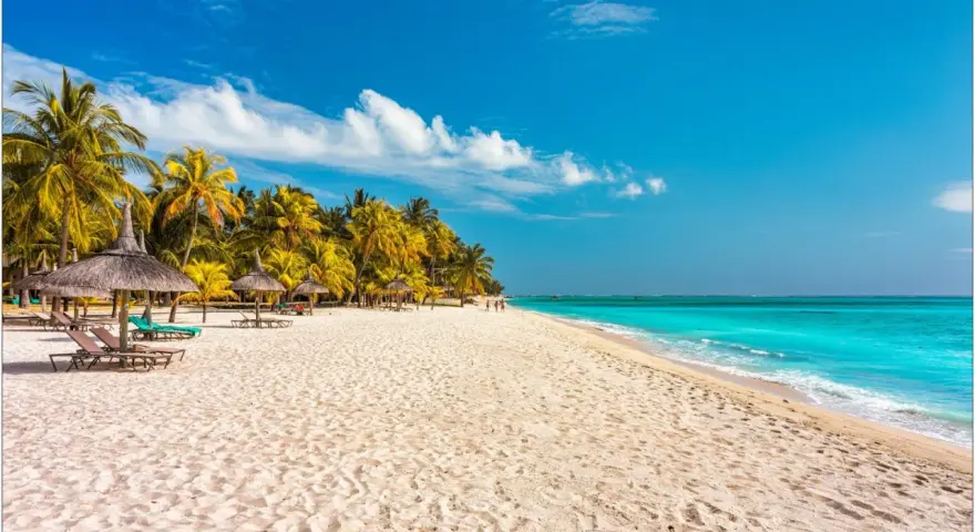 Rajska plaża na Mauritiusie w styczniu. Biały piasek, palmy, turkusowa woda i słońce. Idealne miejsce na relaks.