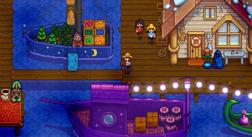 Un muelle de Stardew Valley con barcos, un puesto de comercio y personajes. ¡Una guía visual para tus aventuras!