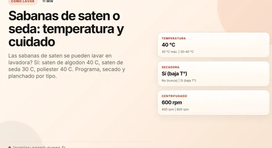 Instrucciones para el **programa lavadora sabanas** de satén y seda: temperatura 40°C, secadora sí (baja T°), centrifugado 600 rpm.