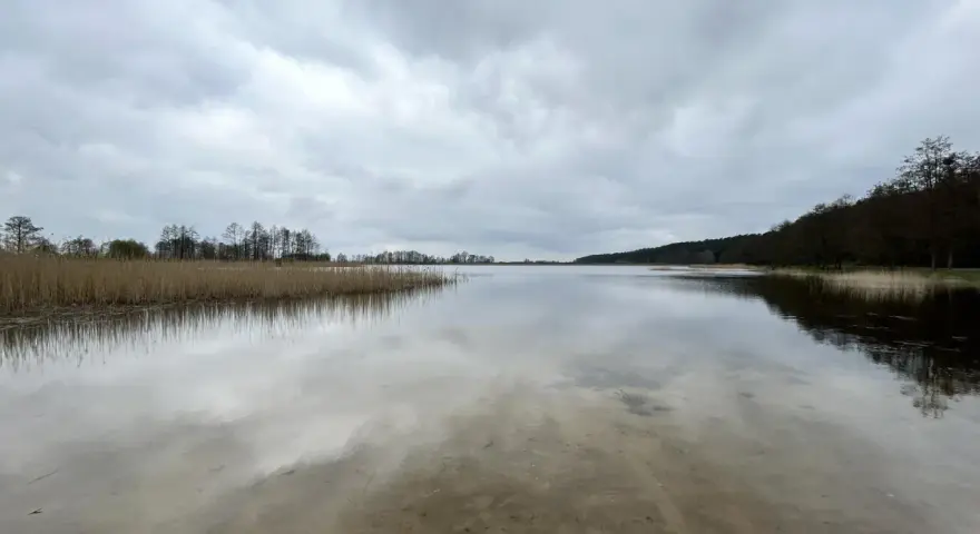 Spokojne jezioro Wójtowskie pod pochmurnym niebem. Woda odbija chmury i zarośla trzcin.