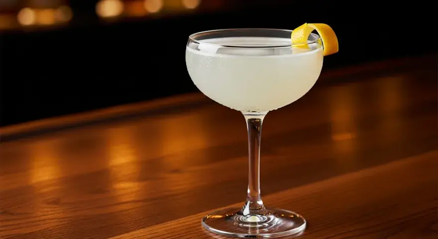 En elegant drink, en "white lady", står på en träbar. Den är garnerad med en citronskal.