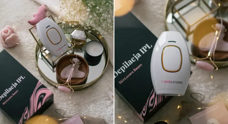 Biały depilator IPL SkinLovers, różowy masażer do twarzy i świeca tworzą luksusowy zestaw. Opinie o skino depilator są pozytywne.
