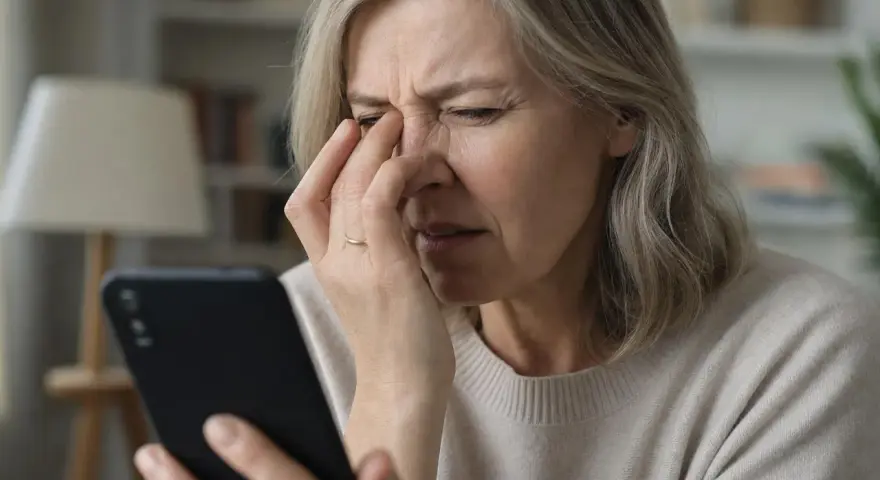 Donna anziana con disturbi visivi, forse cerchi luminosi, si tocca gli occhi mentre guarda uno smartphone.