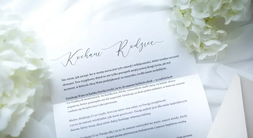 List do rodziców z podziękowaniami. Białe kwiaty i elegancka koperta tworzą tło dla wzruszających słów.
