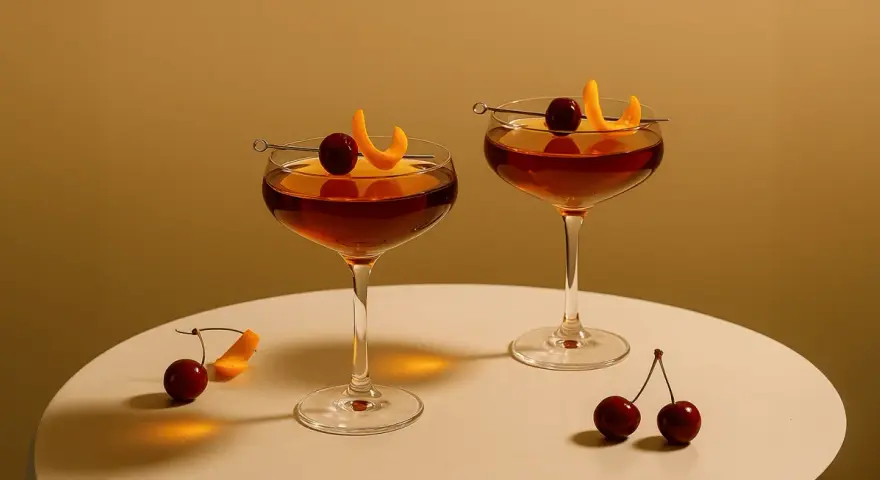 Eleganckie drinki z wódką, ozdobione wiśniami i skórką pomarańczy, kuszą bursztynowym kolorem. Idealne na wieczorne spotkanie.