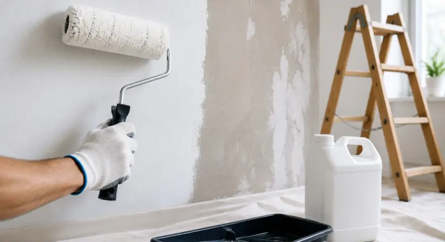 Mano guantata stuccare una parete prima di pitturare con rullo. Attrezzi da lavoro e scala sullo sfondo.