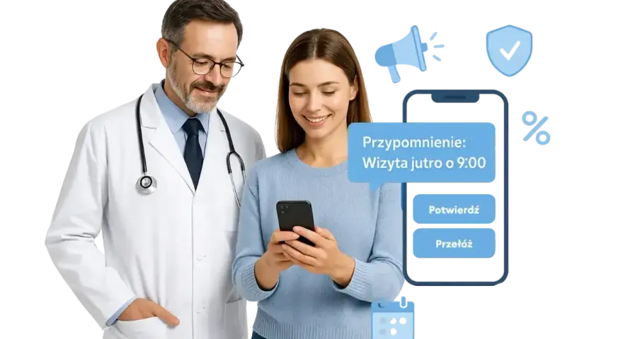 Lekarz i pacjentka korzystają z telefonu. Na ekranie przypomnienie o wizycie, a obok ikony symbolizujące asystenta medycznego.