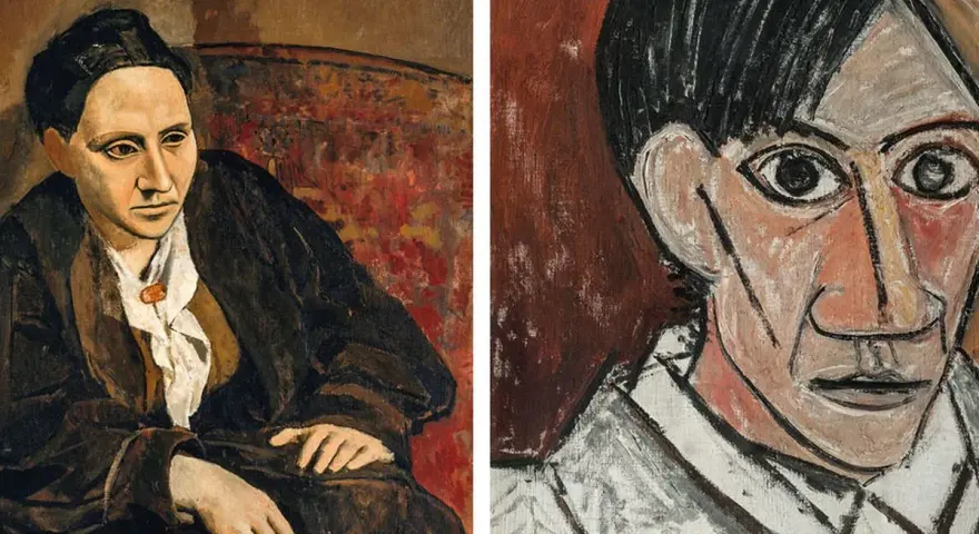 Deux portraits de Picasso, l'un d'une femme assise, l'autre d'un homme au regard intense, illustrant le cubisme.
