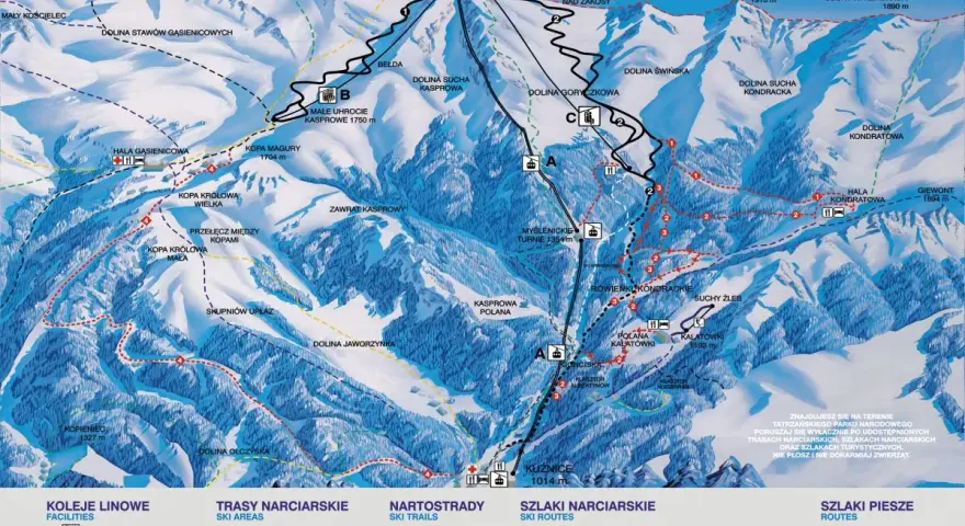 Mapa Tatr z zaznaczonymi trasami narciarskimi i pieszymi. Widoczna Dolina Goryczkowa, Kasprowy Wierch i szlaki.