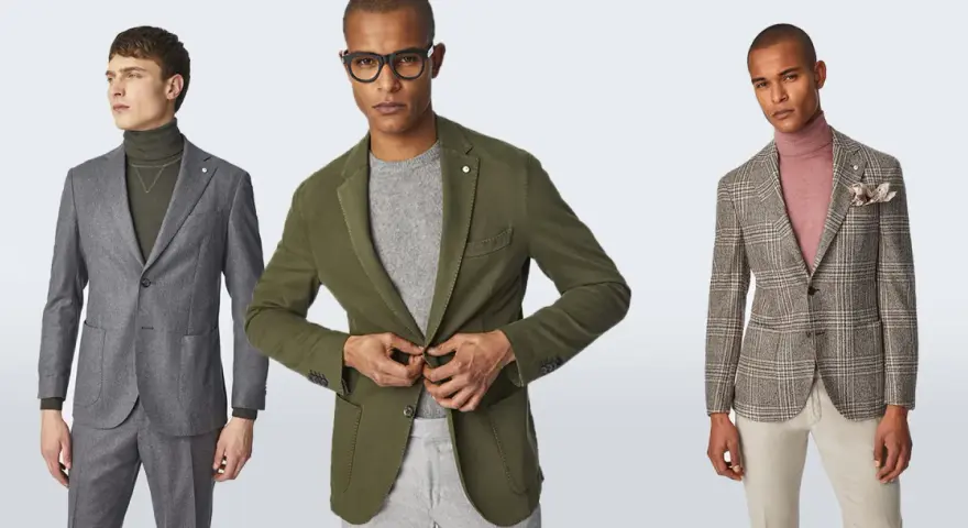 Tre uomini indossano un outfit formale: giacche eleganti, dolcevita e pantaloni.