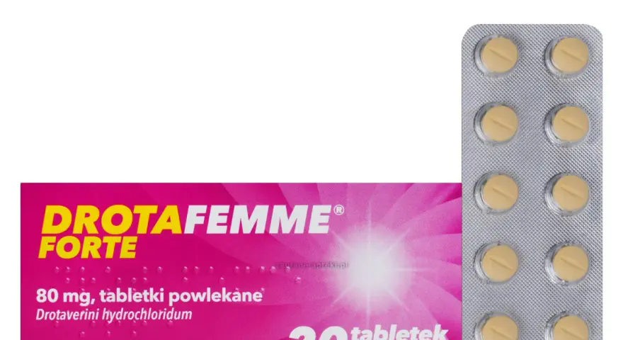 Drotafemme Forte na co pomaga? Opakowanie leku z 20 tabletkami powlekanymi, zawierającymi drotaweryny chlorowodorek.