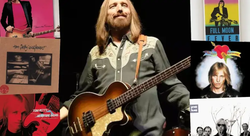 Tom Petty mit Bass, umgeben von Albumcovern wie "Full Moon Fever" und "Wildflowers". Ein Blick auf die Musikikone.