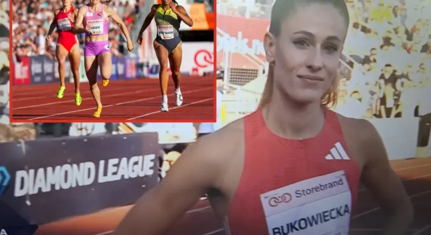 Biegaczki na bieżni, w tle logo Diamond League. Bukowiecka gotowa do startu.