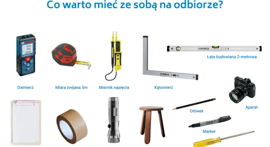 Zestaw narzędzi i akcesoriów do odbioru mieszkania: dalmierz, miara, miernik, łata, aparat, podkładka, taśma, latarka, stołek, ołówek, marker, śrubokręt.