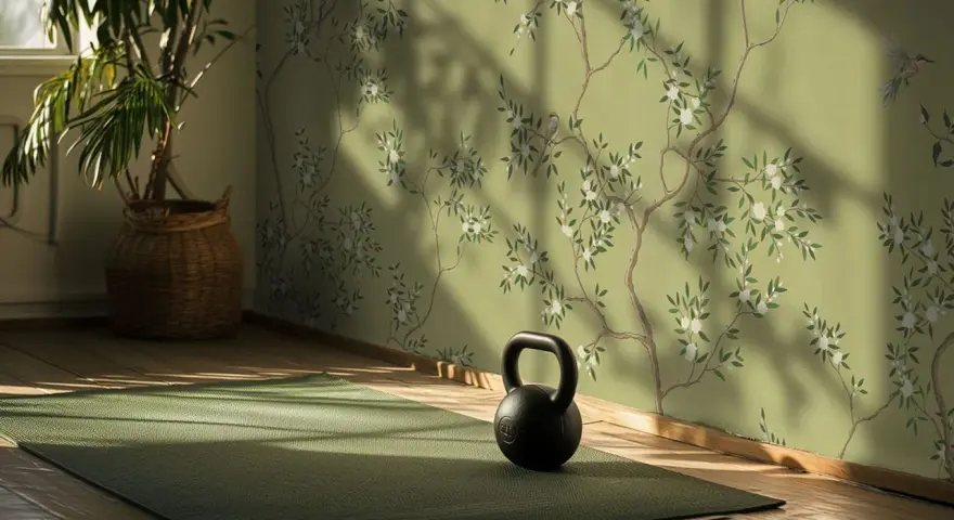 Un espacio de yoga sereno con un papel pintado de ramas floridas y pájaros, reflejando las **últimas tendencias en papel pintado** para un hogar tranquilo.