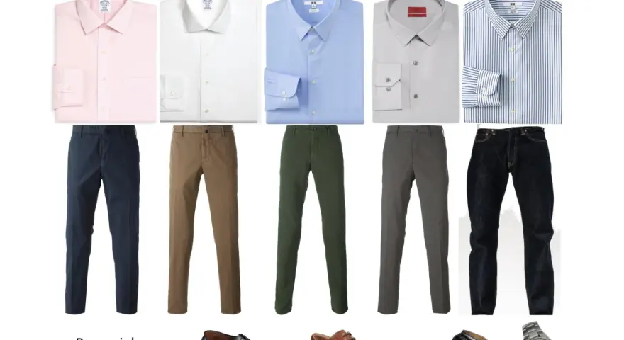 Guía visual de vestimenta business casual: camisas, pantalones de vestir, jeans, zapatos y accesorios.