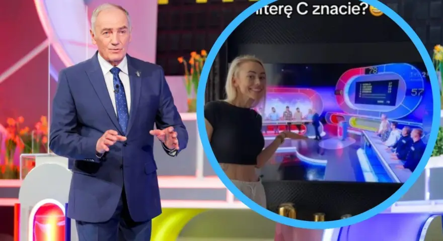 Prowadzący Familiady pyta o rodzaje orzechów. W tle widać uczestników gry i planszę z wynikami.