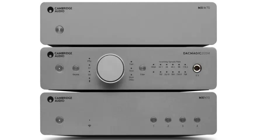 Czarny przetwornik cyfrowo-analogowy Cambridge Audio DacMagic 200M z pokrętłem i przyciskami na froncie.