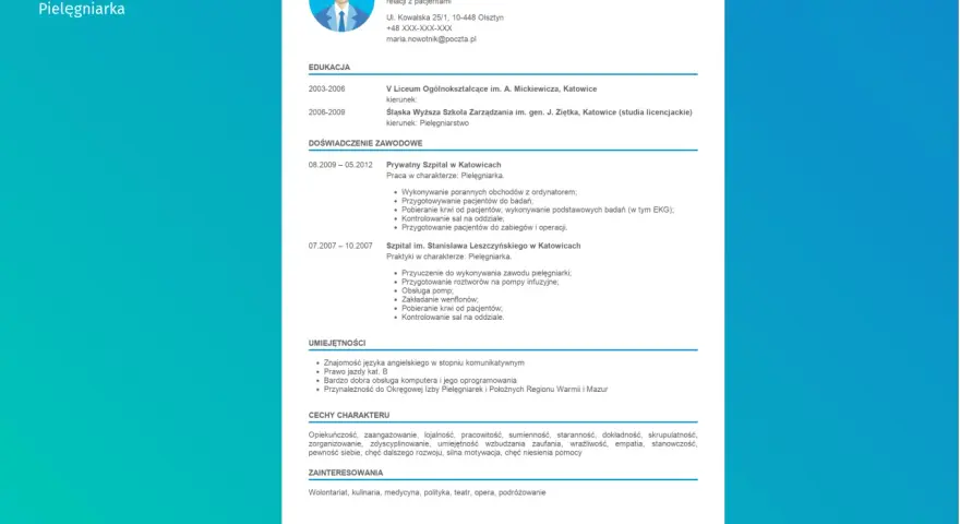 CV pielęgniarki Marii Nowotnik. Wymienia doświadczenie, edukację i umiejętności, podkreślając empatię i krytyczne myślenie w opiece nad pacjentem.