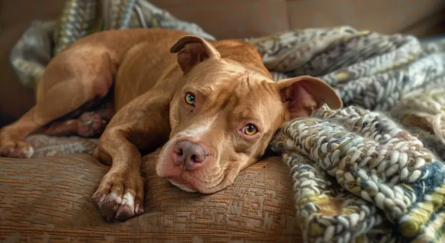 Słodki pitbull odpoczywa na kanapie, otulony kocem. Czy pitbull jest groźny? Ten piesek wygląda na łagodnego.