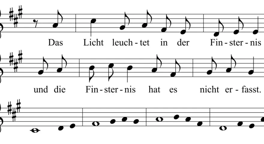 Notenblatt mit Text: "Das Licht leuchtet in der Finsternis und die Finsternis hat es nicht erfasst." Ein musikalischer Ausdruck von Psalm 123.