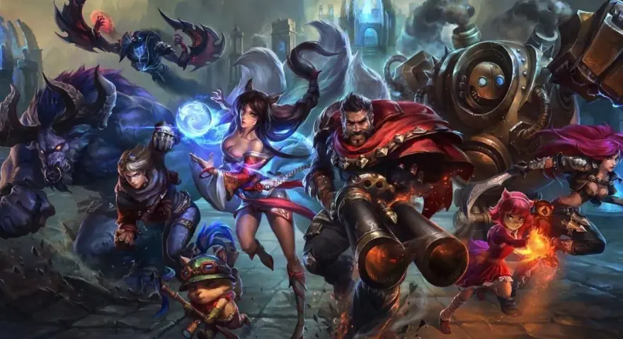 Grupa bohaterów League of Legends, w tym Ahri, Darius i robot, na tle bitewnym.