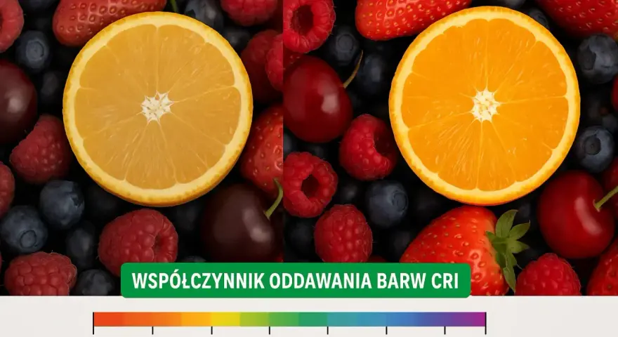 Kolorowe owoce: truskawki, maliny, borówki, wiśnie i pomarańcze. Poniżej skala z oznaczeniem współczynnik oddawania barw CRI.