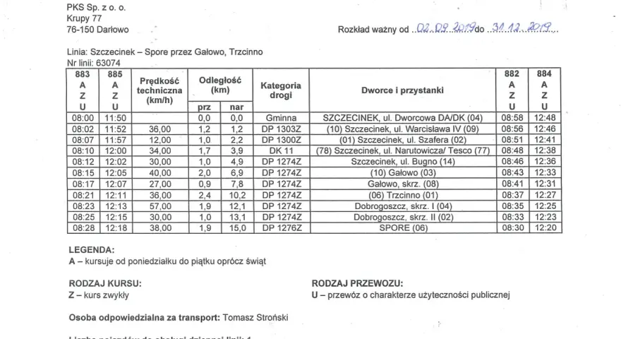 PKS Szczecinek rozkład jazdy linii 63074 Szczecinek – Spore przez Gałowo, Trzcinno. Tabela zawiera godziny odjazdów, odległości i nazwy przystanków.