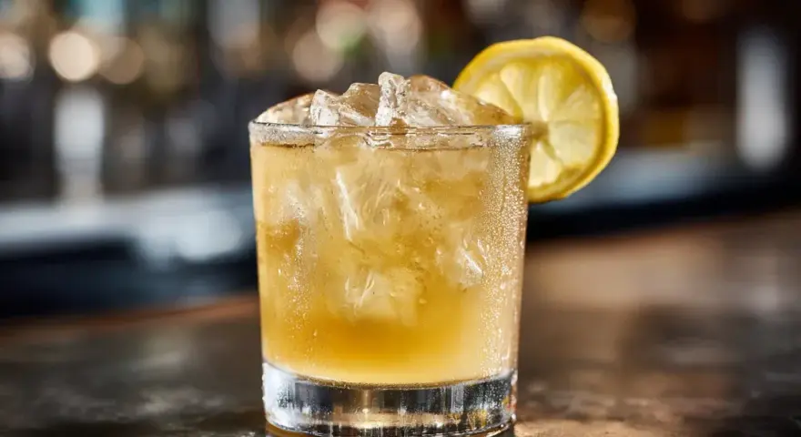 En kyld whiskey sour med is och en citronskiva, redo att avnjutas.