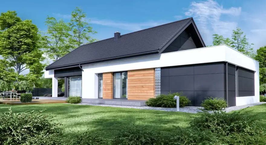 Nowoczesny dom z drewna i białego tynku, projekt homekoncept 44, otoczony zielenią.