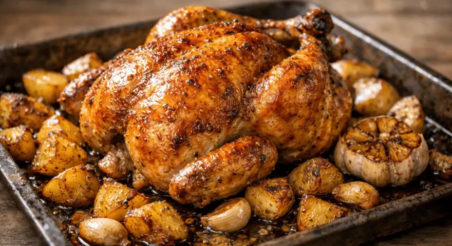 Pollo troceado al horno jugoso, dorado y crujiente, acompañado de patatas asadas y ajos enteros.