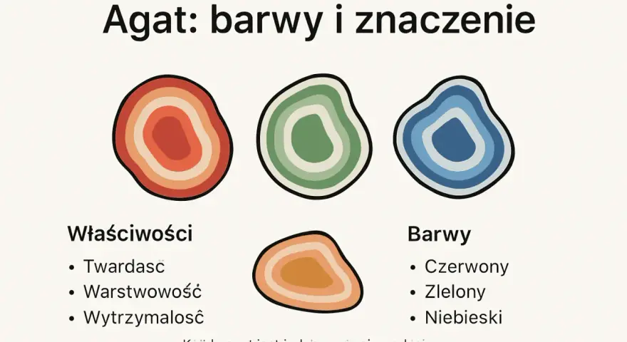 Ilustracja przedstawia trzy kolorowe odmiany agatu: czerwony, zielony i niebieski, ukazując jego warstwową strukturę.