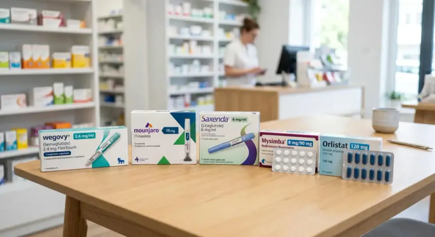 Leki na otyłość: Wegovy, Mounjaro, Saxenda, Mysimba, Orlistat na stole w aptece.