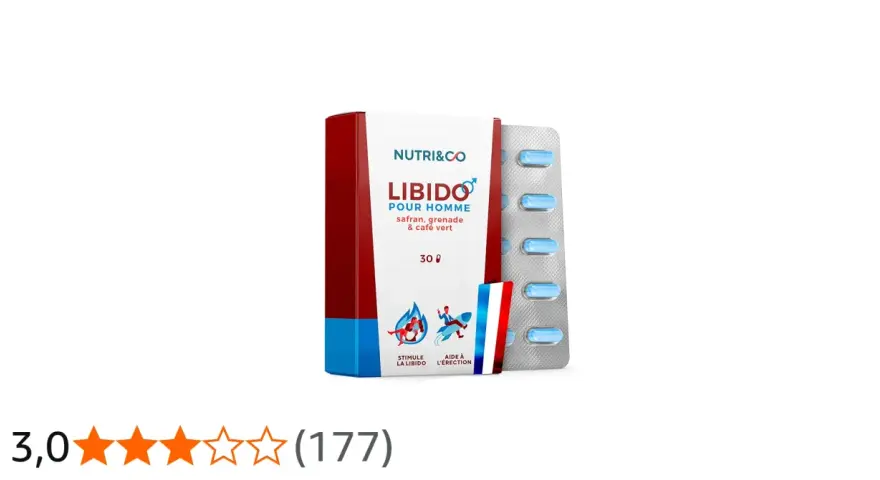 Boîte de "Libido pour Homme" de Nutri&Co, une vitamine pour augmenter la libido chez l'homme, avec sa plaquette de gélules bleues.