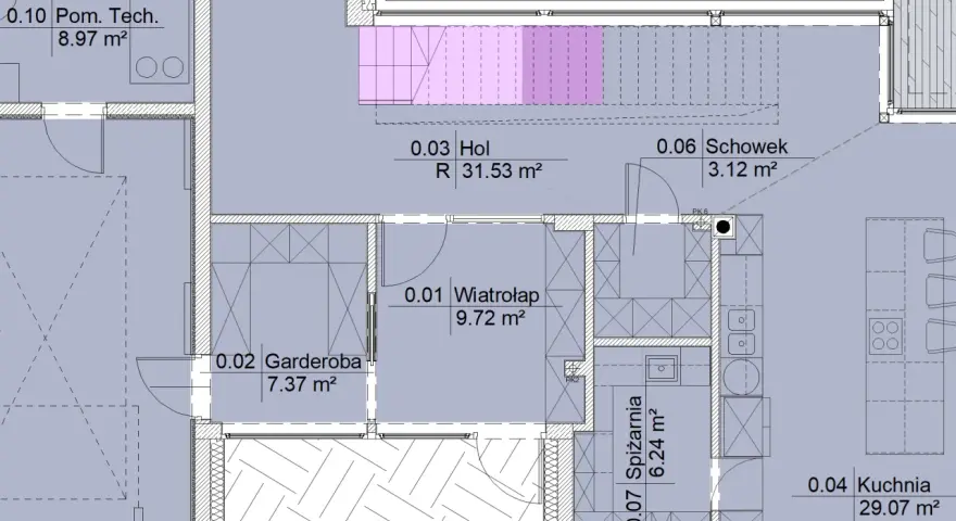 Plan piętra z zaznaczonym hollem, garderobą, spiżarnią i kuchnią. Widać też schody, co rodzi pytanie, czy schody wlicza się do powierzchni użytkowej.