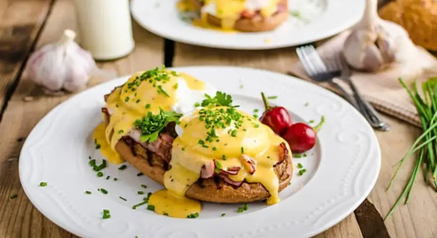 Huevos Benedictinos en plato blanco con salsa holandesa, perejil y chiles rojos.
