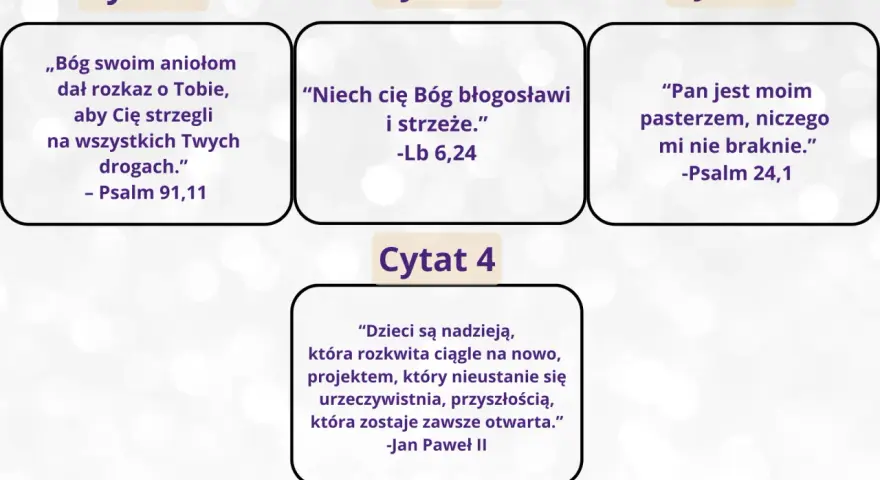 Cytaty na chrzest: Boży aniołowie strzegą na drogach, Bóg błogosławi i strzeże, Pan jest pasterzem, a dzieci to nadzieja i przyszłość.