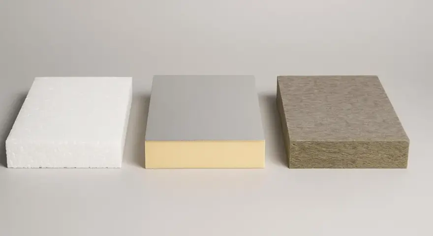Trzy rodzaje materiałów budowlanych: biały styropian, płyta warstwowa z pianką i okładziną, oraz wełna mineralna. Każdy z nich to doskonała izolacja.