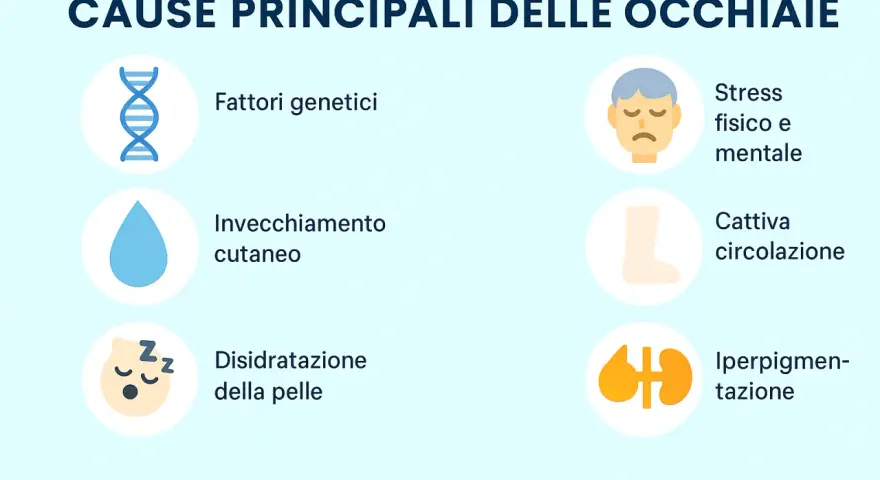Le cause principali delle occhiaie includono fattori genetici, invecchiamento cutaneo, disidratazione, stress, cattiva circolazione e iperpigmentazione.