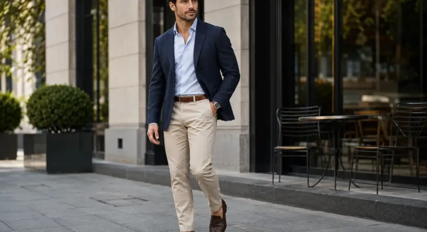 Mężczyzna w granatowej marynarce, błękitnej koszuli i beżowych spodniach prezentuje styl smart casual.