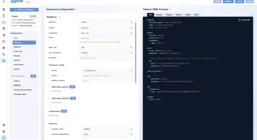 The esphome app interface shows configuration options for a "Kitchen Temperature" project, with the platform set to ESP32.