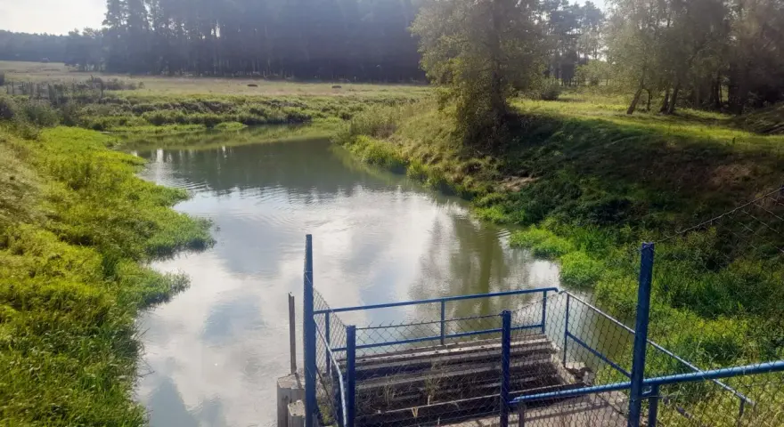 Spokojna rzeka otoczona zielenią, z widocznym pomostem i ogrodzeniem. Piękne zdjecia w wodzie odbijające niebo.