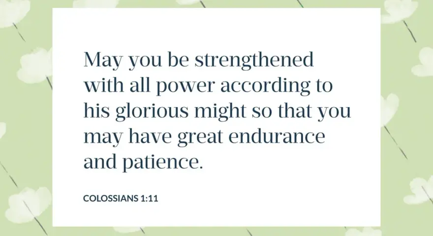 A verse from Colossians 1:11 on a light green floral background, reminding us that David encouraged himself in the Lord, finding strength and patience.